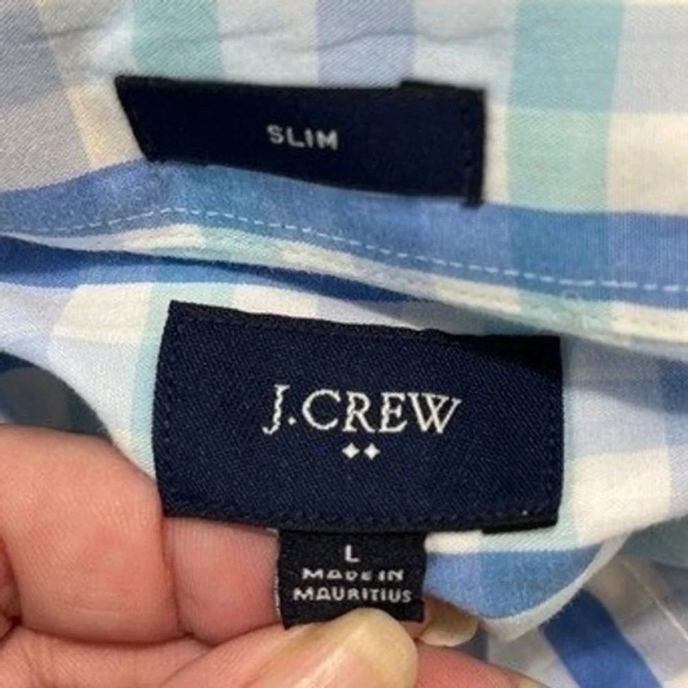 J Crew Slim Fit Office Shirt Mens L Blue Gingham Plaid Button Up Preppy Classic